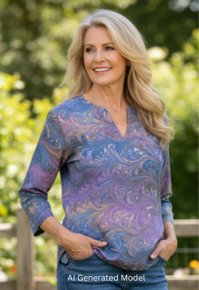 Woman wearing a marbled silk tunic top and jeans standing in a garden.  AI generated model.