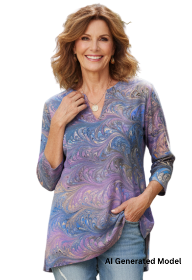 Woman wearing a marbled silk tunic and jeans.  AI generated model.