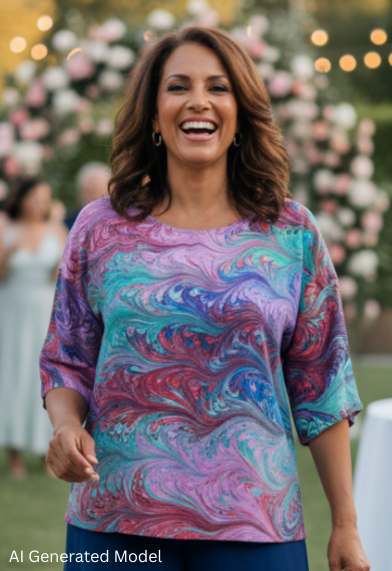 woman wearing a marbled silk half sleeve top at an outdoor event.  AI generated model.