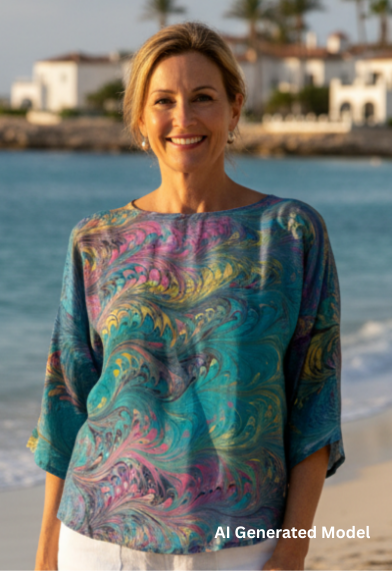 woman wearing a marbled silk top with round neck and half sleeves while standing on a beach.  AI generated model.