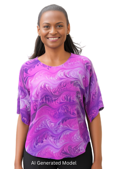 Woman wearing a pink and lilacs hand marbled silk top on a white background.  AI generated model.