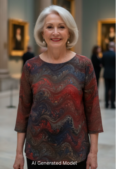 Woman wearing a hand marbled silk top standing in a gallery with artwork in the background.  AI generated model.
