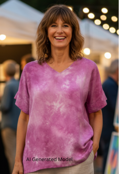 woman wearing a hand dyed rosy mauve silk t with casual pants at an outdoor event.  AI generated models.