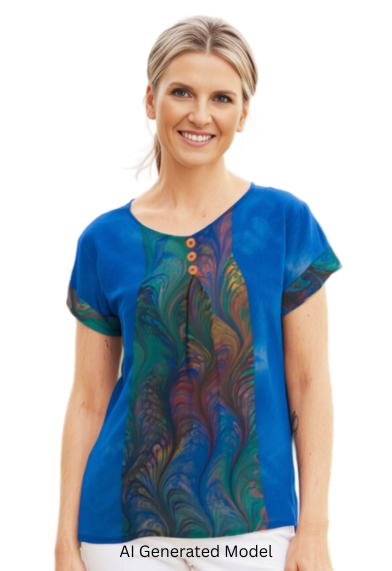 Woman wearing a hand dyed blue silk top with colorful marbled pattern inset on a white background.  AI generated model.