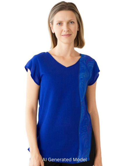 Woman wearing a blue hand dyed silk top with marbled embellishment against a white background.  AI generated model