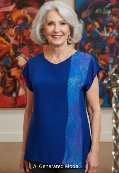 Woman in a hand dyed blue silk top with a marbled pattern inset standing in an art gallery with colorful paintings and sculptures.  AI generated model