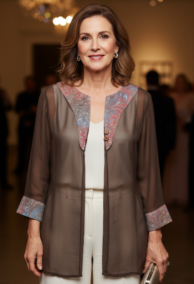 Woman in a brown sheer top with colorful accents and white pants standing in a formal setting.