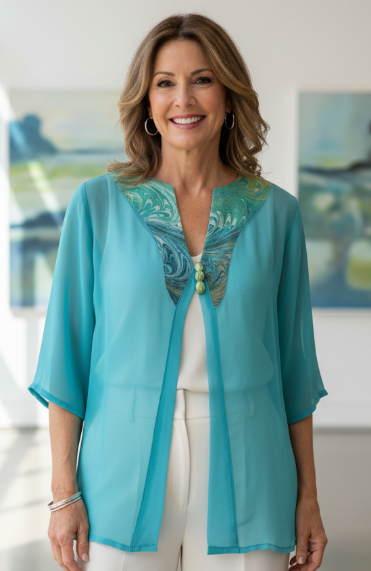 Woman wearing a sheer aqua silk jacket with marbled neck area  in a bright room.