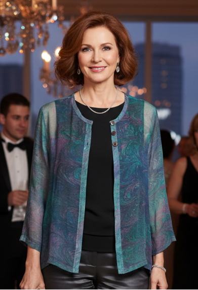 woman wearing a marbled sheer jacket 