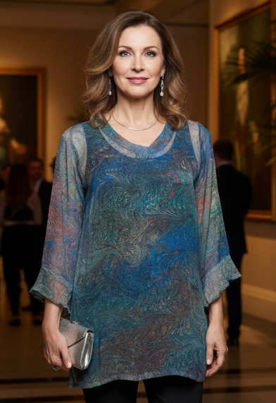 Woman in a double marbled silk top and black pants standing in an indoor setting with blurred people and decor.
