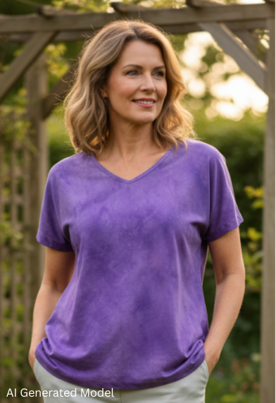 Woman wearing a hand dyed violet silk top and light gray pants standing in a garden.  AI generated model.