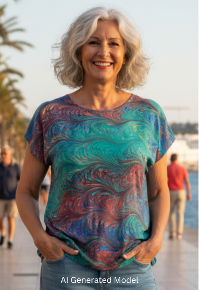 Woman standing outdoors wearing a colorful short sleeve marbled silk top and light blue jeans.  AI generated models.