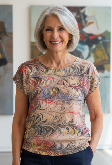 Woman wearing a marbled silk top and dark pants standing in a room with abstract art on the wall.