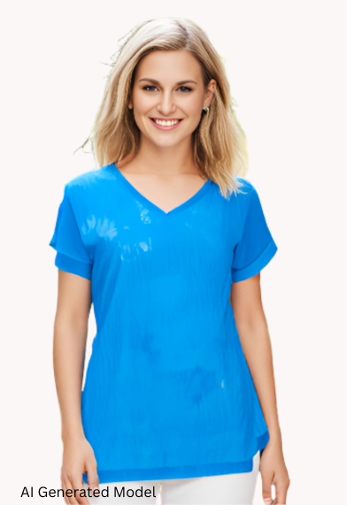 Woman in a blue dyed silk top against a white background.  AI generated model.