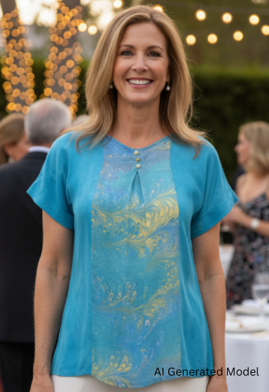 Woman in a dyed silk top accented by a marbled silk panel in the front of the top  and white pants standing outdoors at an event with blurred people and decorations in the background.  AI generated models.