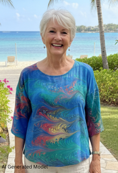 Woman wearing a half sleeve silk top marbled in blue, green, red, and yellow with the ocean in the background