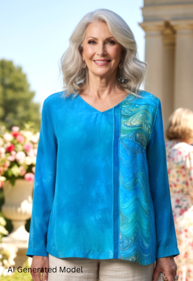 Woman in a hand dyed silk top with marbled inset and beige pants standing outdoors with floral decorations and people in the background.  AI generated model.