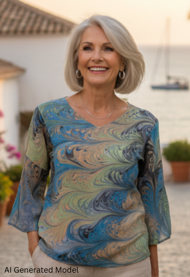 woman wearing a hand marbled silk top with linen pants walking down a street.  AI generated model.