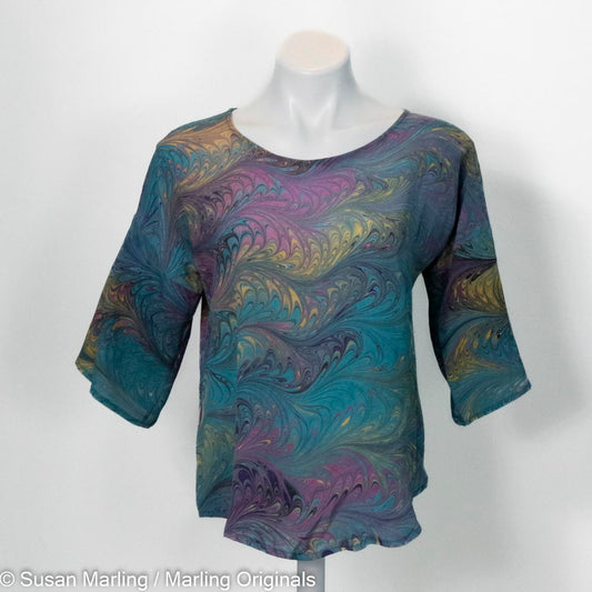 half sleeve silk top marbled in teal with pink, gold