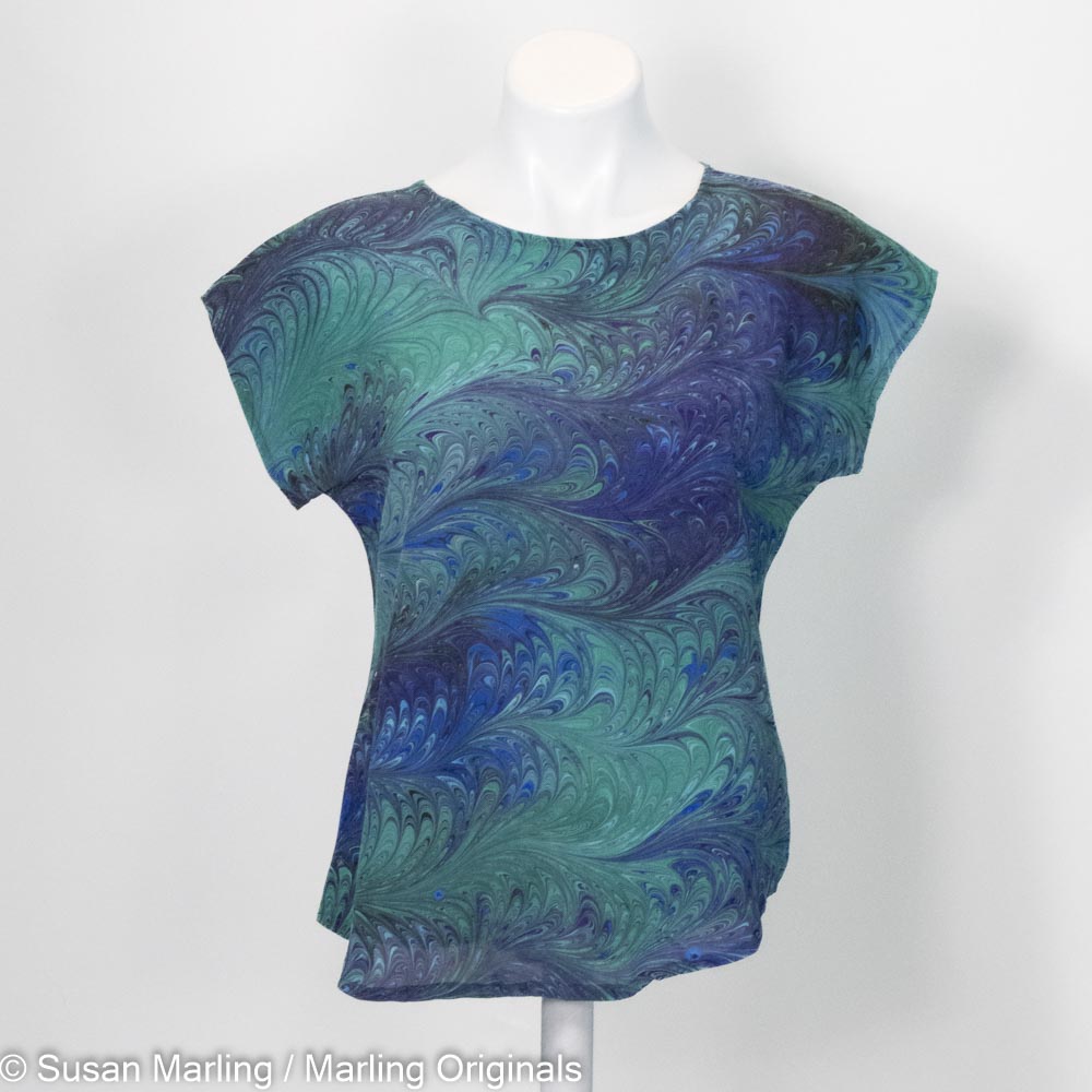 short sleeve marbled silk blouse in blues, green and purple