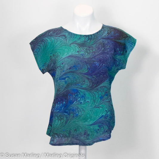 short sleeve marbled silk blouse in blues, green and purple