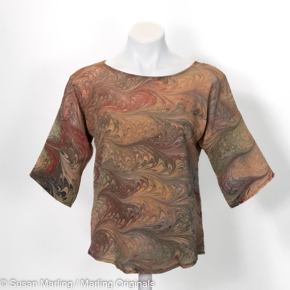 hand marbled silk blouse with half sleeve & round neck. Soft sienna, brown, celery feathered pattern