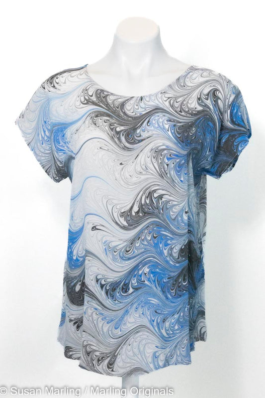 marbled silk top in white with blue and black.  Short sleeves with round neck