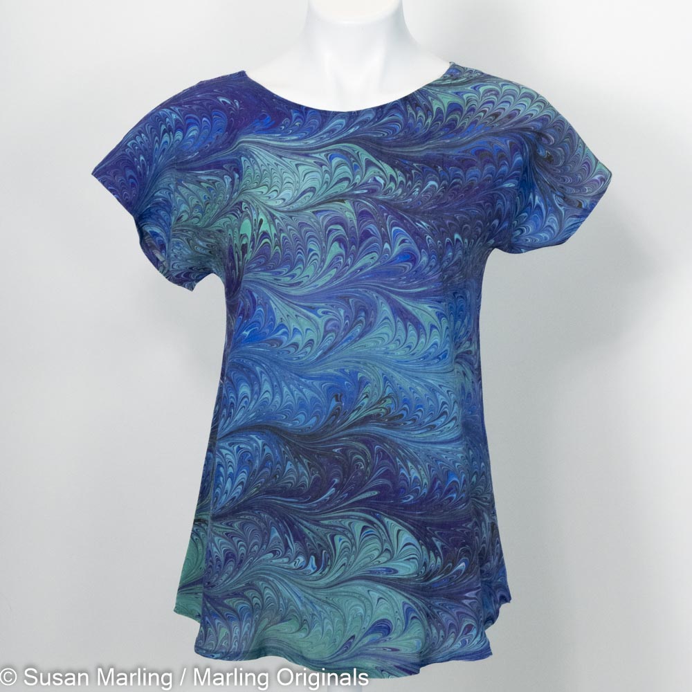 hand marbled silk top short sleeve in ocean blue and teal colors