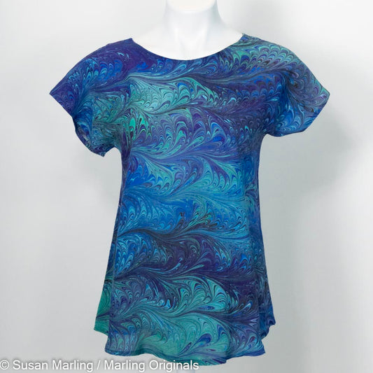 hand marbled silk top short sleeve in ocean blue and teal colors