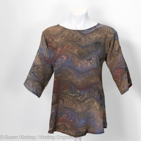 marbled silk blouse in browns, gold, grey and red.  Half sleeves.  Round neck.