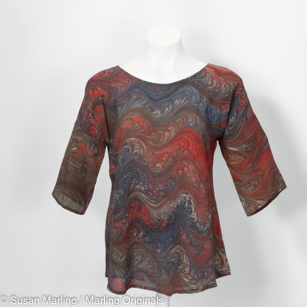 marbled silk blouse in deep brown colors with red and navy. Round neck.  Half sleeves.