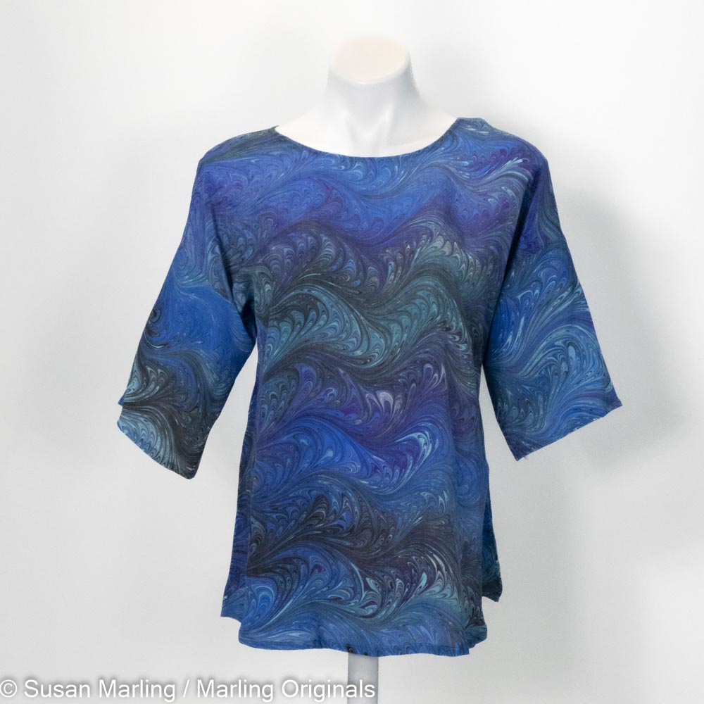 marbled silk blouse in blues, teal with purple and black.  Half sleeve and round neck.