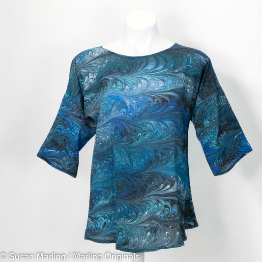 marbled silk blouse in teal, blue, black, white.  Half sleeves.  Round neck.