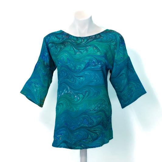 round neck artisan silk top marbled in greens and blues.  Half sleeve