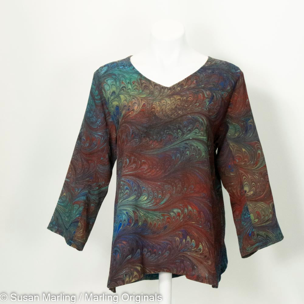 double marbled v neck silk tunic with 3/4 length sleeves