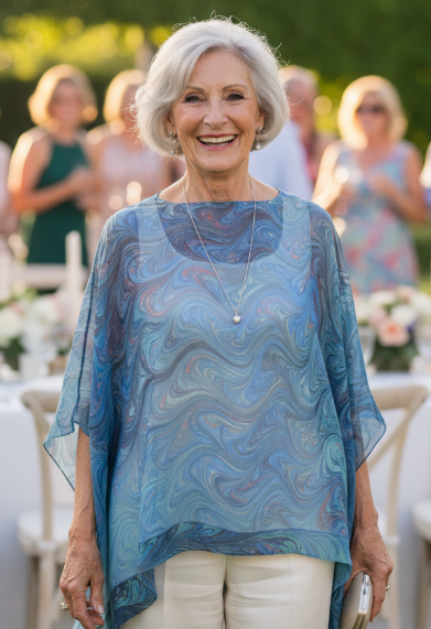 Woman in a soft blue marbled poncho and white pants standing outdoors at a social event with tables and people in the background.