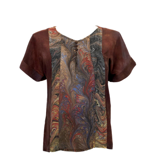 L/XL Chocolate Silk Top with Rich Marbling Detail