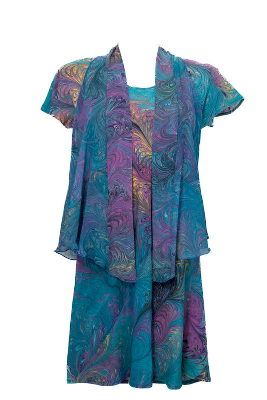 marbled teal bias cut dress with vest