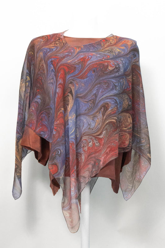 sheer marbled poncho is brown, red, gray and gold