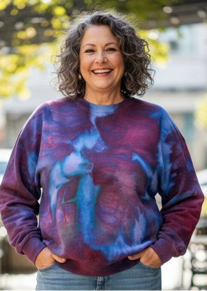 woman wearing vibrant ice dyed t shirt