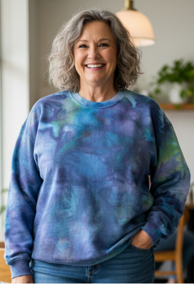 woman wearing a hand dyed sweatshirt