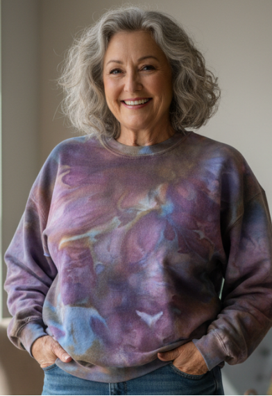 Woman wearing an ice dyed sweatshirt and blue jeans standing in a modern indoor setting.