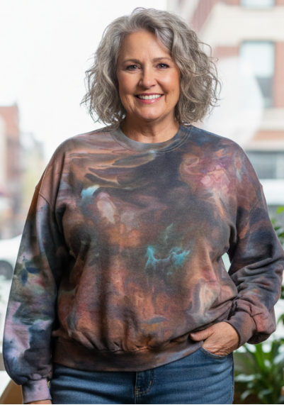 woman wearing an ice dyed sweatshirt