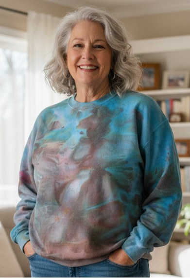 Woman wearing an ice dyed sweatshirt and jeans standing in a living room.
