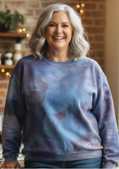 Woman wearing an ice dye sweatshirt and jeans standing in a cozy room with wooden furniture and plants.