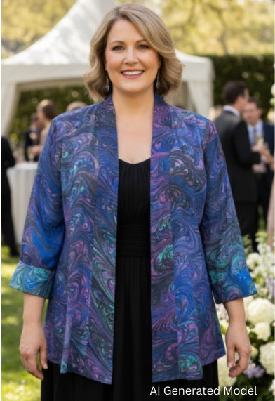 Woman wearing a dynamic marbled silk  jacket  in beautiful jewel tones over a black dress at an outdoor event with floral decorations.