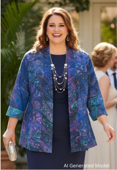 Woman in a blue dress and marbled silk jacket in gorgeous jewel tones standing outdoors with AI people and plants in the background