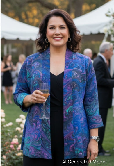 Woman in a rich jewel tones marbled silk swingjacket and black pants standing outdoors at an event with tents and floral arrangements.