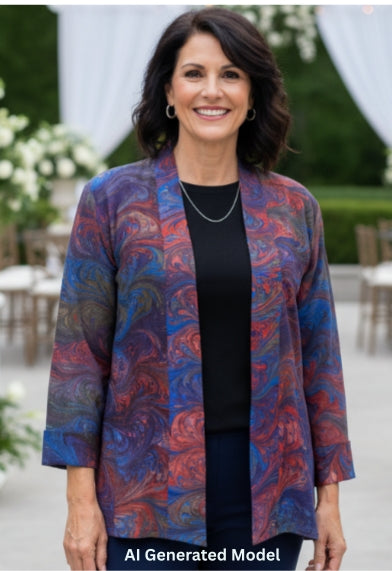 woman wearing a hand marbled silk swing jacket in blue, red, brown multicolors at a wedding event 