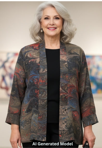 Woman wearing a marbled silk swing jacket over a black top and pants in an indoor setting with plants and artwork.